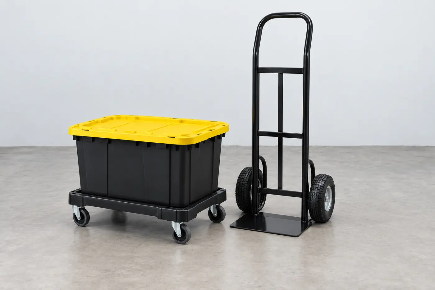 Black 27-gallon tote with a yellow lid on a flat dolly beside an upright hand truck