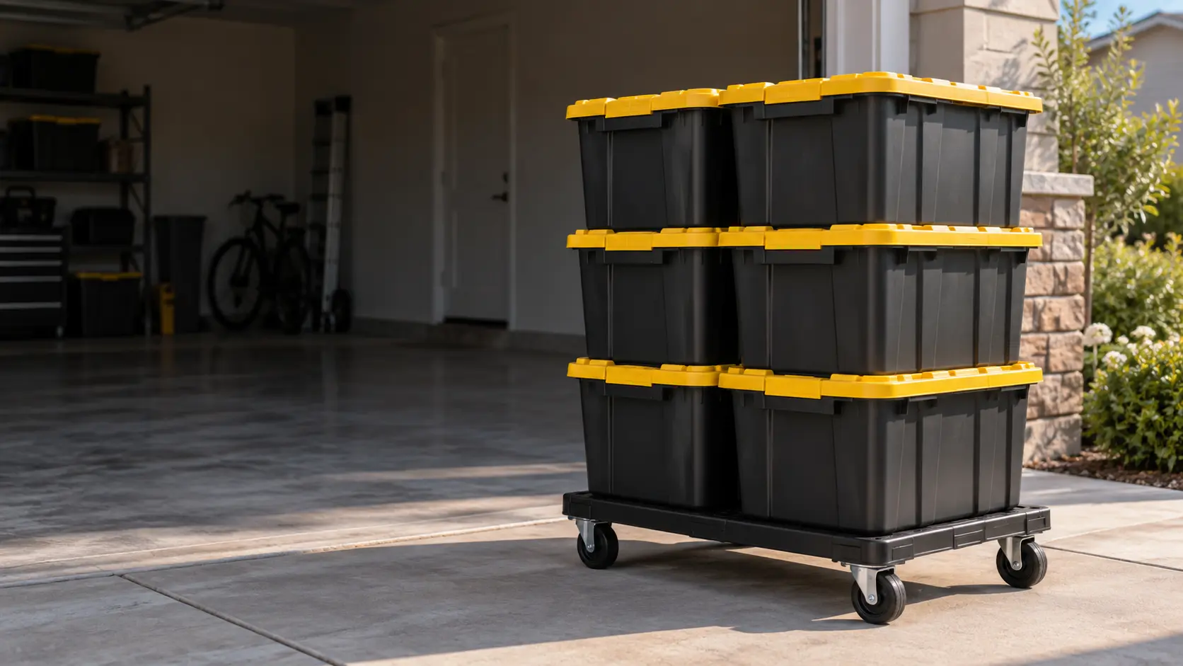 Black 27-gallon moving totes with yellow lids stacked on a flat dolly outside a home